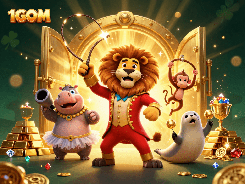 Engage in thrilling gameplay at 1GOM with colorful characters illustrating a vibrant casino adventure.