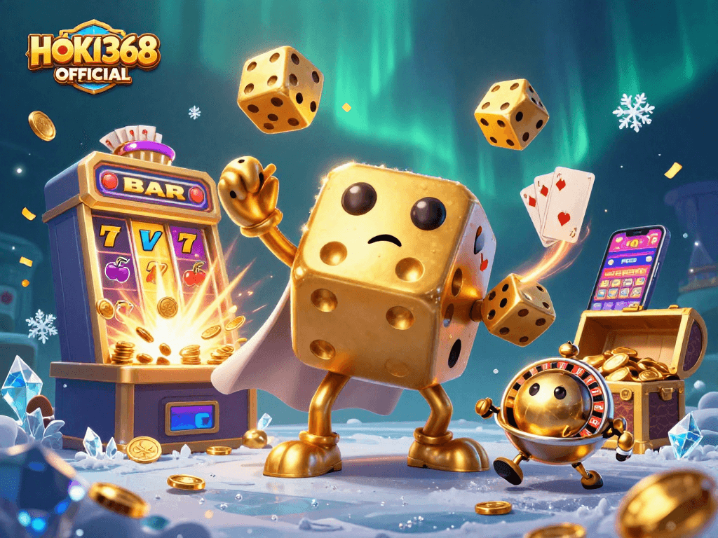 Experience thrills at HOKI368 OFFICIAL with dynamic golden dice and a slot machine jackpot.