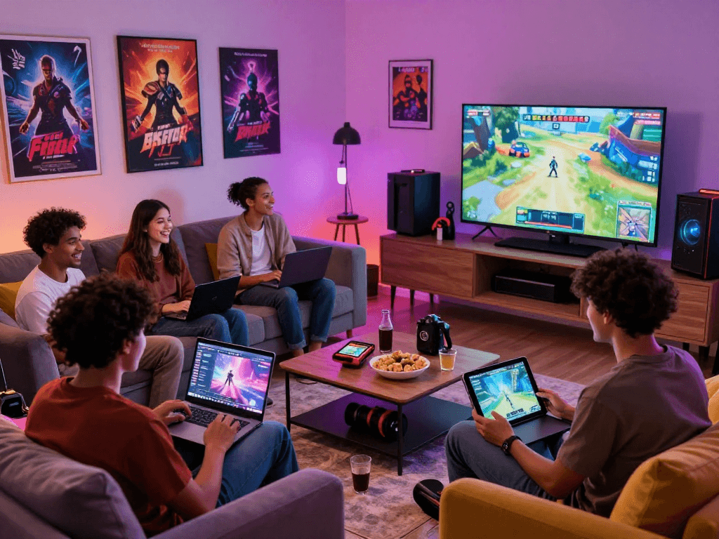 Players enjoying degrees of lewdity games together in a vibrant living room setting, showcasing a fun adult gaming experience.