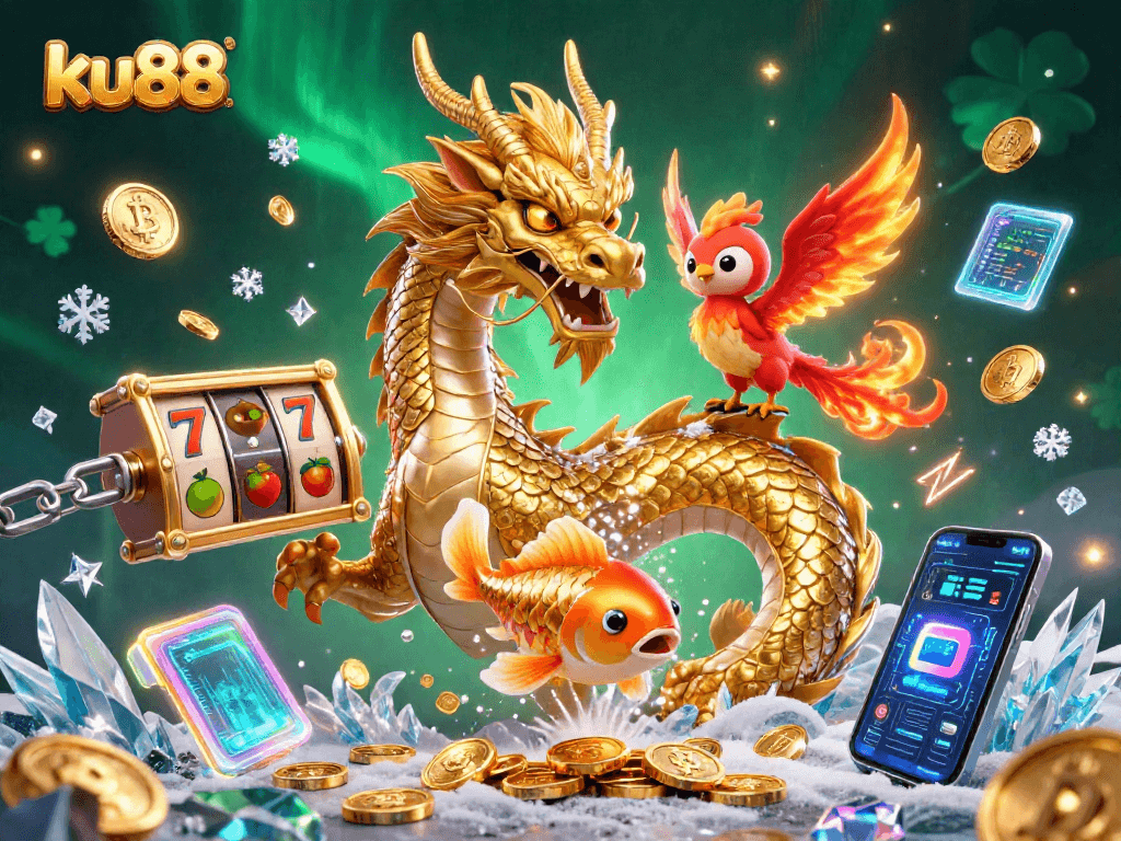Engage in thrilling casino adventures with ku88: a majestic dragon and phoenix amidst dynamic slot elements.