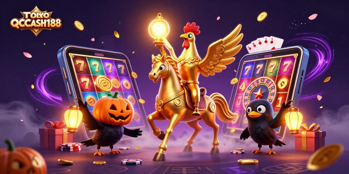 Engage with TOKO QQCASH188's vibrant casino scene featuring golden rooster and mystical elements.