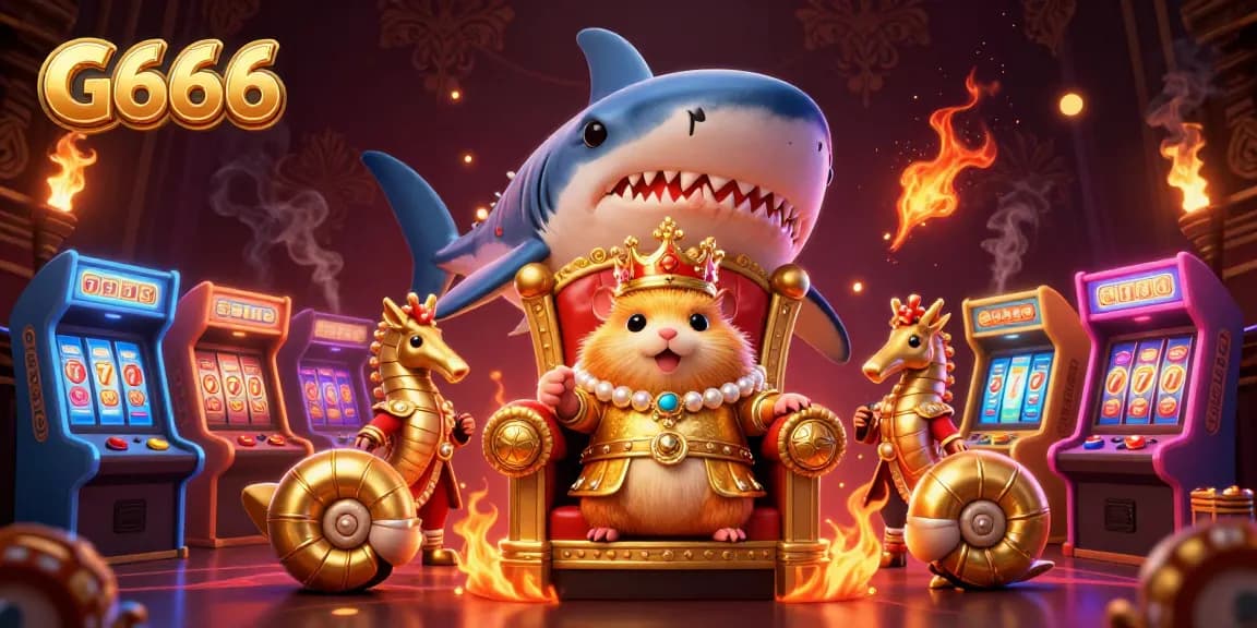 Experience G666's vibrant gaming scene with a golden hamster king and casino elements.