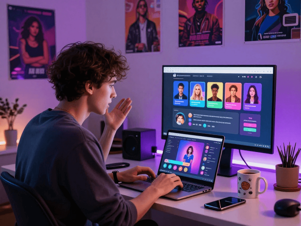 User engaged in an AI porn chat, laptop displaying vibrant characters and dynamic visuals, modern workspace atmosphere.