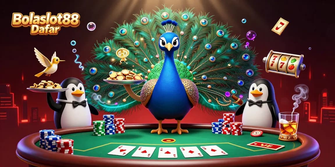 Experience the thrill with Bolaslot88 Daftar, featuring a luxurious casino scene with colorful slot reels and charming characters.