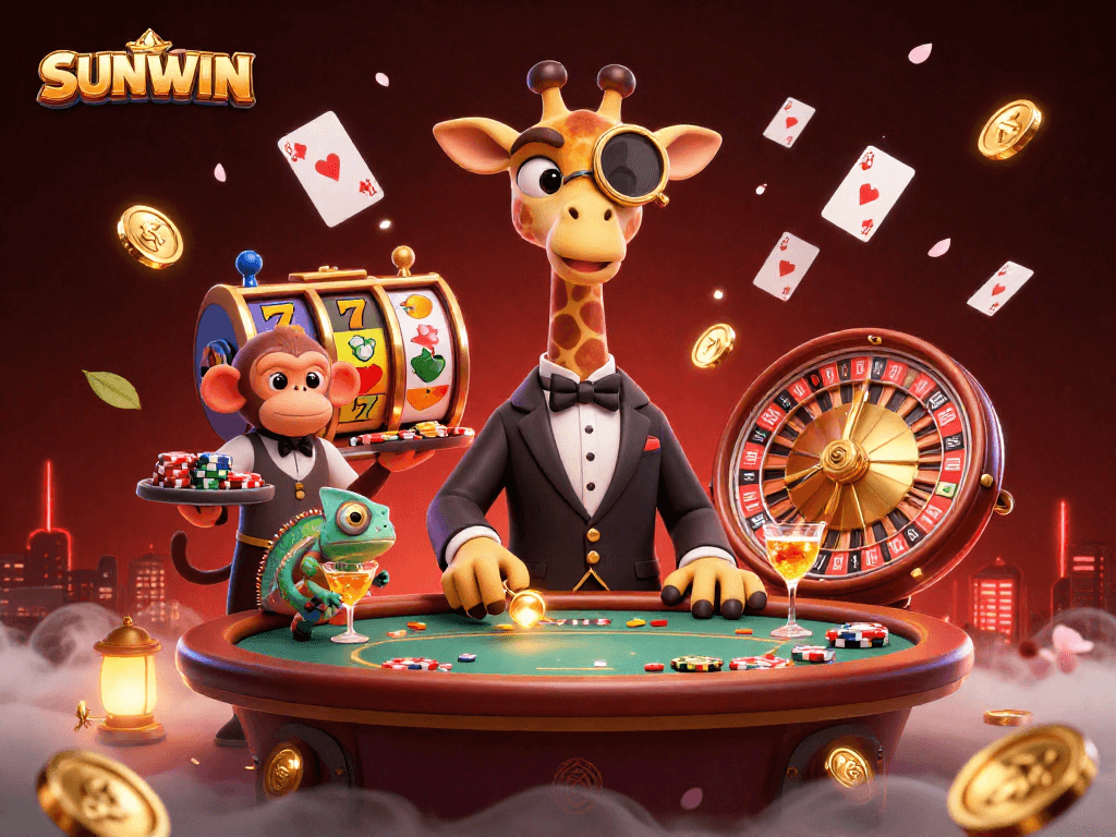SUNWIN captivates with a high-roller giraffe, monkey valet, and chameleon bartender in a vibrant casino scene showcasing exciting table games.