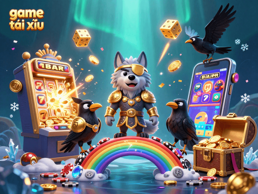 Experience game tài xỉu excitement with a vibrant and dynamic 3D casino scene full of winnings.