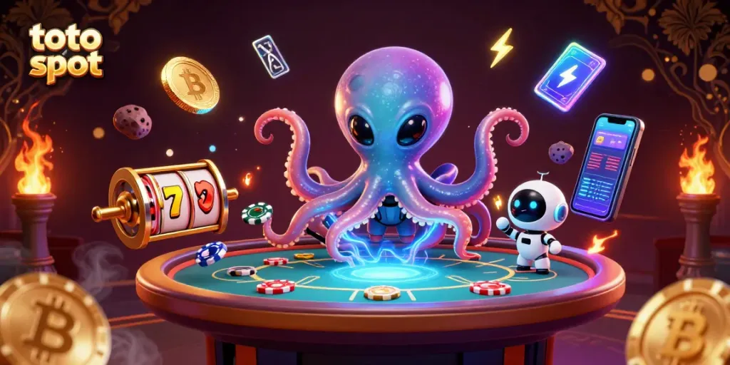 Play the exciting toto slot with a vibrant scene featuring an alien octopus and crypto coins.