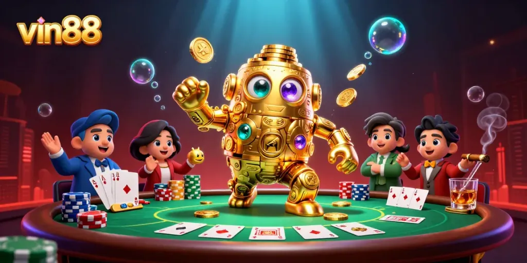Experience winning at vin88 with a dynamic golem and poker elements in a vibrant casino scene.