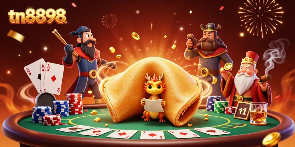 Win at tn8898 with a vibrant 3D casino scene featuring a fortune cookie and dragon.