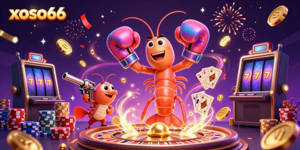 Xoso66 casino scene with a mantis shrimp and poker elements, delivering exciting gaming action.