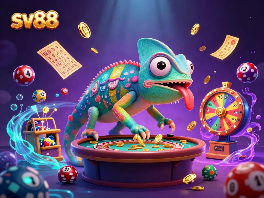 Experience winning moments with SV88's vibrant chameleon owner among casino elements and lottery games.