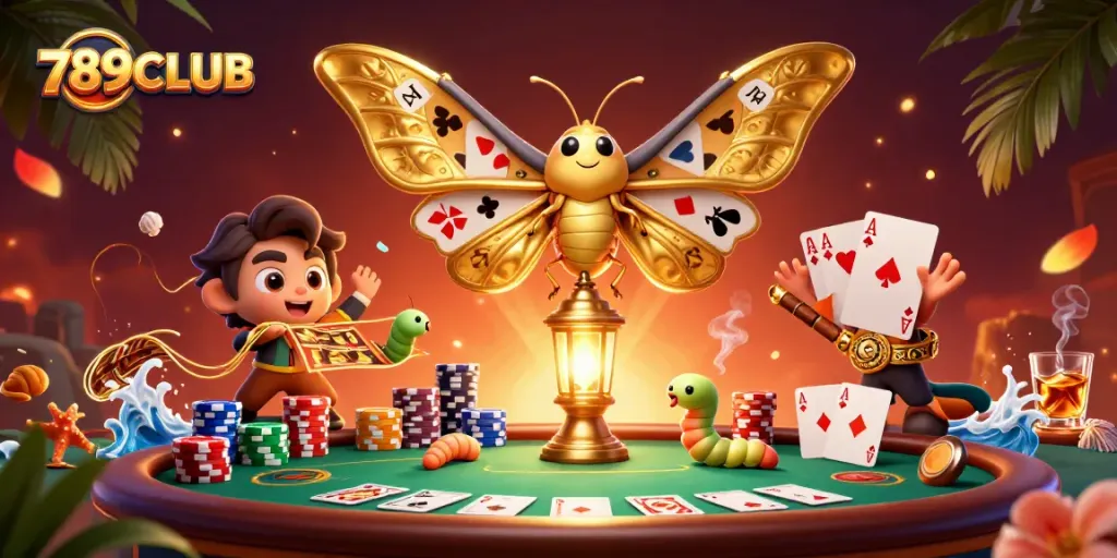 Engage with 789CLUB through a vibrant casino scene featuring a majestic atlas moth and dynamic poker elements.