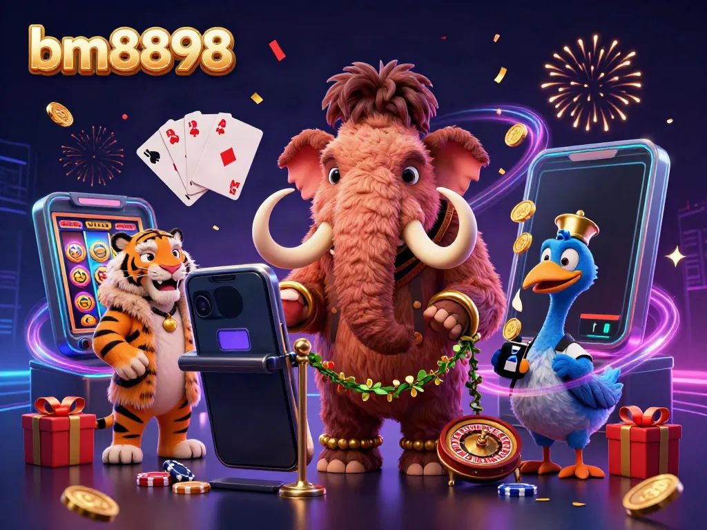 Experience the vibrancy of bm8898 with a lively casino scene featuring unique animal characters and exciting games.