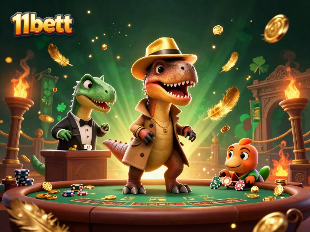 Experience thrilling gameplay at 11bett with a cartoon velociraptor card counter amidst vibrant decorations and casino elements.