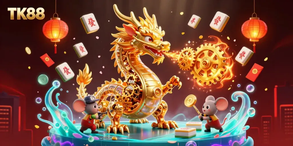 Unleash incredible wins with TK88, featuring a golden dragon and vibrant casino elements.