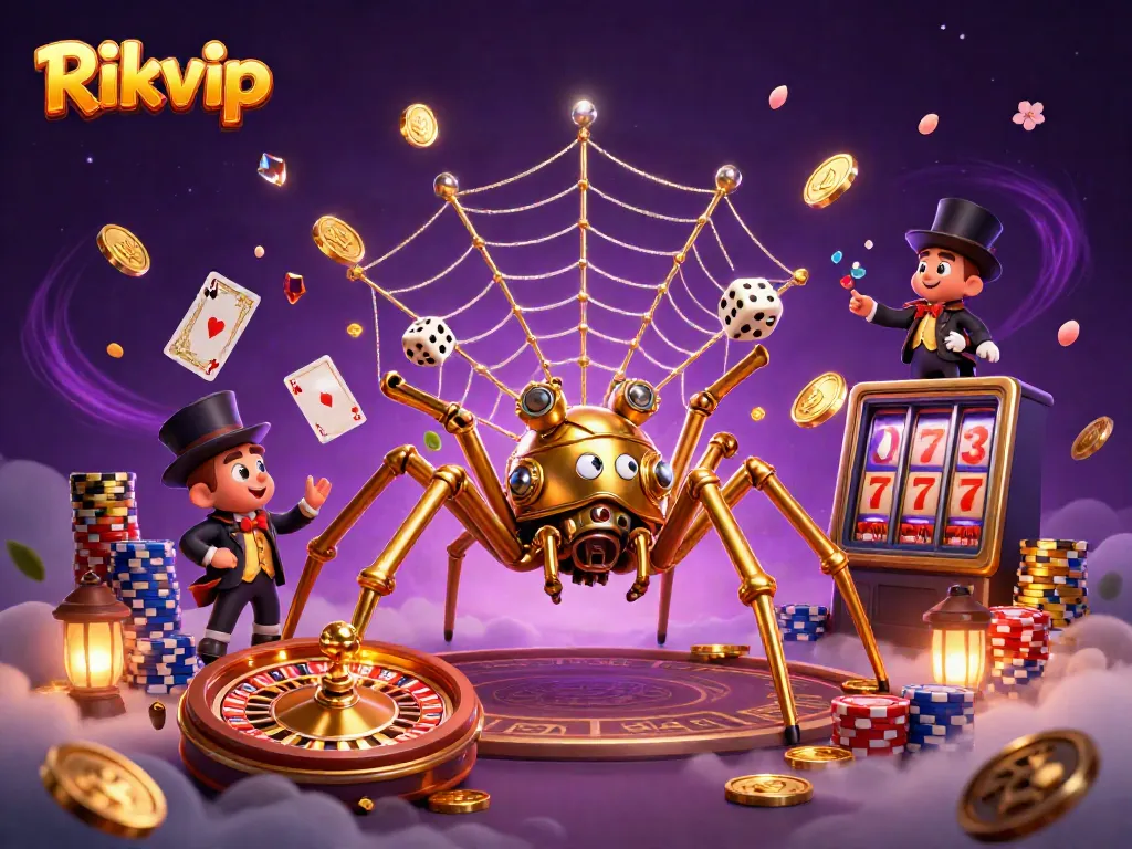 Rikvip's captivating golden spider spins an intricate web of fortunes while gaming elements fly around.