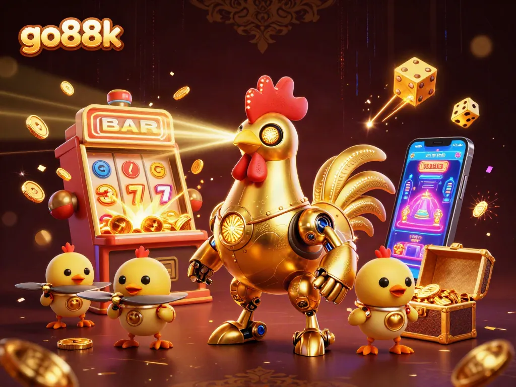 Experience thrilling gameplay with go88k's golden rooster robot and slot machine explosion.