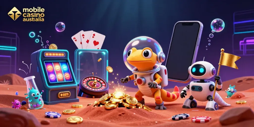 Experience the excitement at a mobile casino Australia depicted with a Martian gecko discovering a golden casino.
