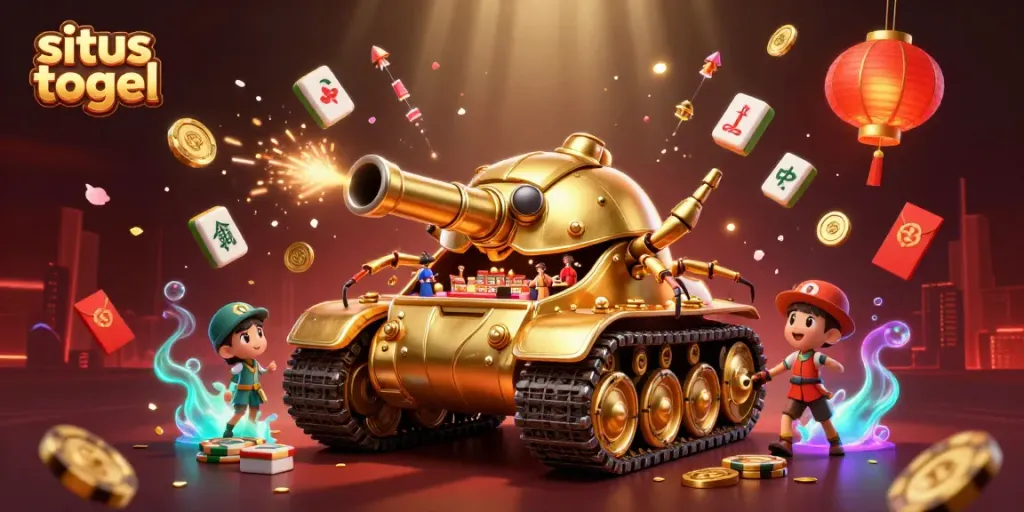 Engage in situs togel excitement with a dynamic 3D casino scene showcasing a golden beetle tank and festive elements.