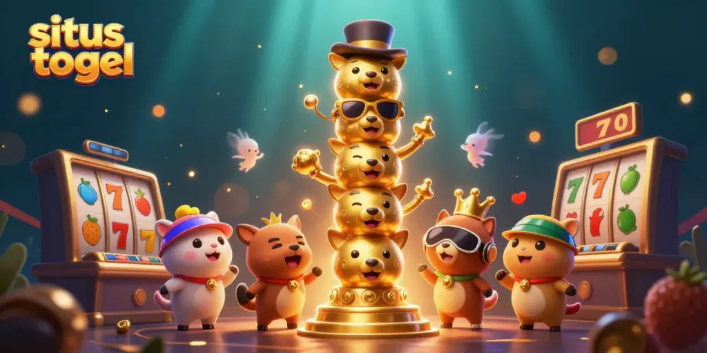 Experience situs togel excitement with vibrant 3D illustrations of topped golden totem poles and slot game elements.