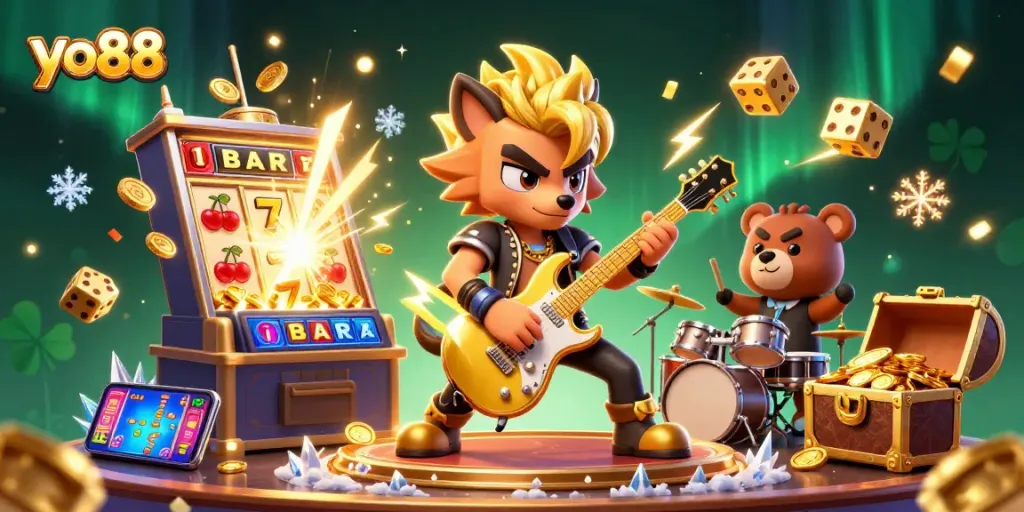 Experience thrilling action with yo88's vibrant casino games, featuring a rock star wolf and jackpot moments.
