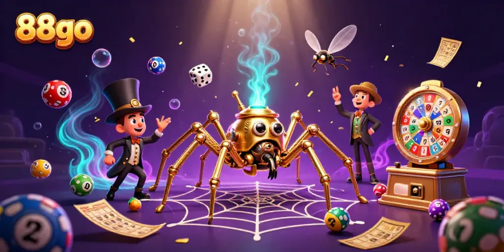 Engage with exciting gameplay at 88go, featuring a whimsical steampunk spider and colorful gaming elements.