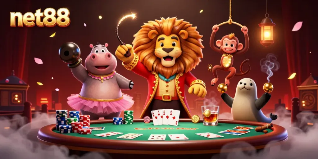 Experience excitement with net88's dynamic casino scene showcasing playful characters and poker elements.