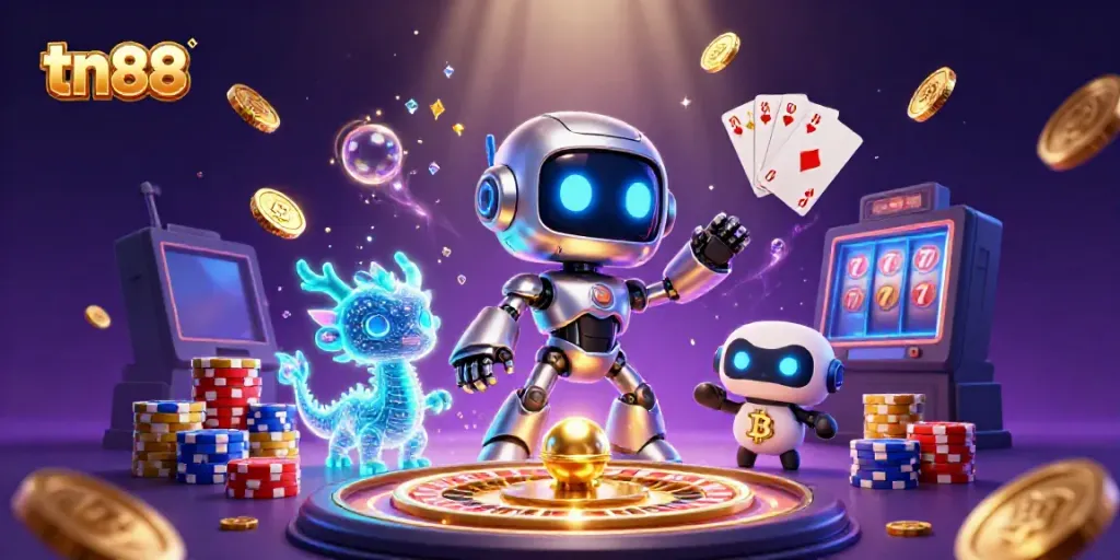 Experience dynamic gaming at tn88 with a cyberpunk robot, AI dragon, and bitcoin drone in a vibrant casino scene.