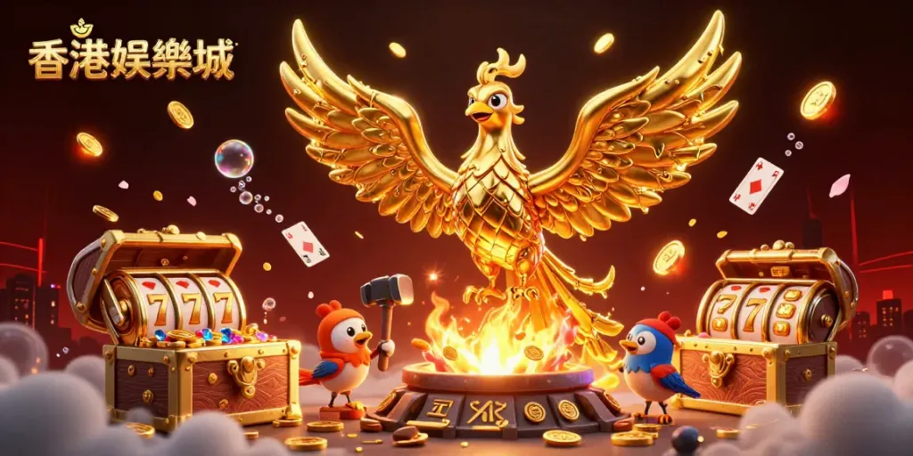 Experience thrilling gaming at 香港娛樂城 with a dynamic scene featuring a molten golden phoenix and vibrant casino elements.