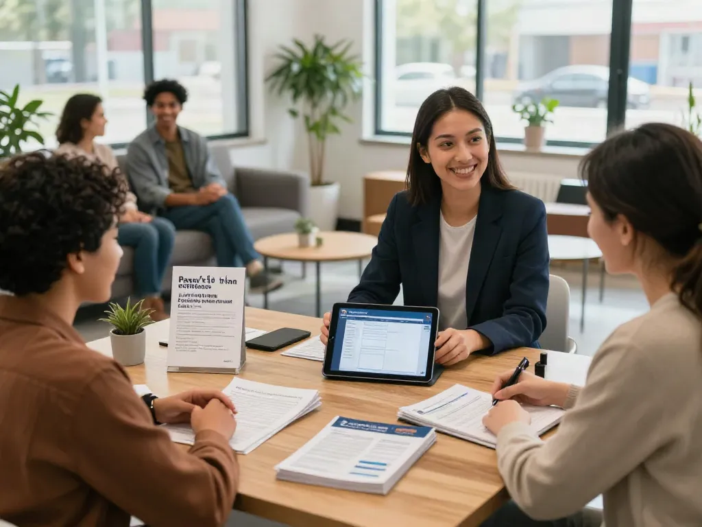 Consultant assisting clients in Edmonton payday loan service office, showcasing friendly atmosphere at https://edmonton.paydayloans-on.ca