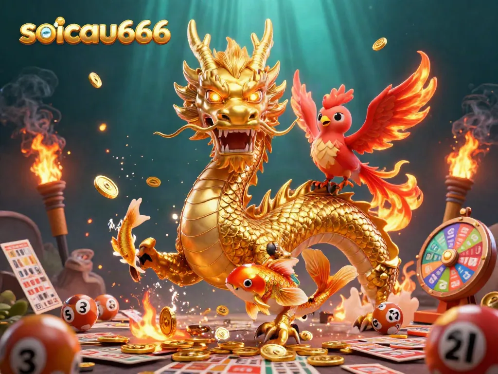 Explore thrilling lottery insights with soicau666, featuring dynamic dragon and vibrant symbols in action.