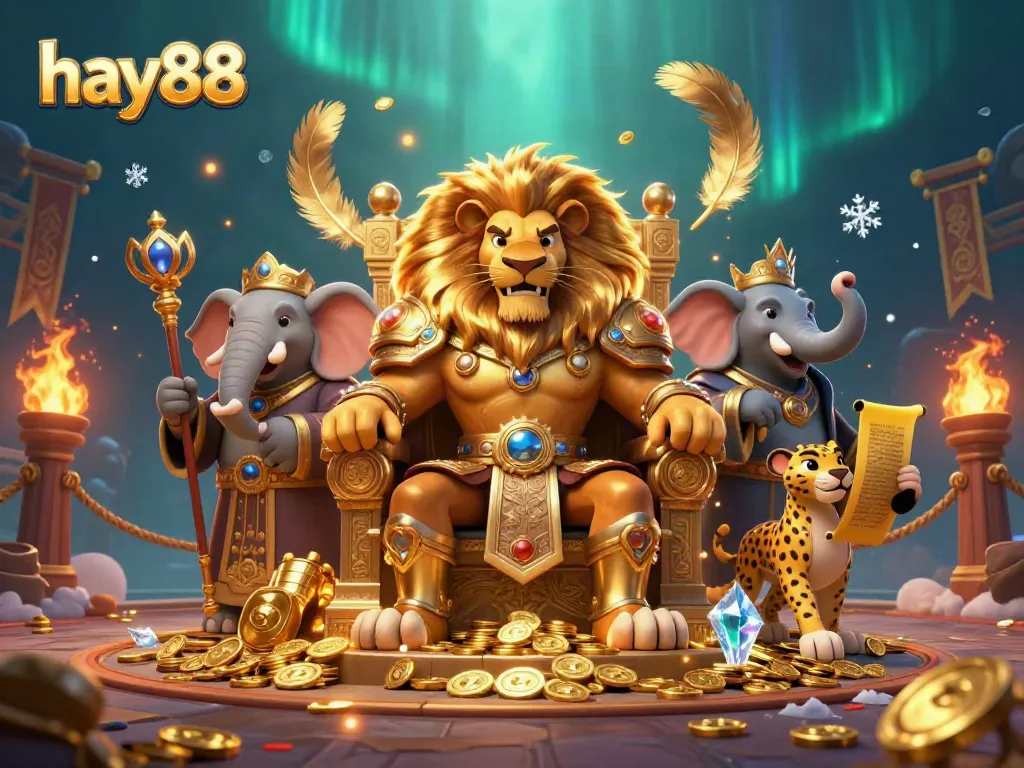 Experience the thrill of hay88 with a vibrant 3D cartoon scene featuring a lion king on a throne of gold coins surrounded by captivating casino elements.