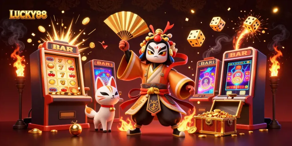 Engage with LUCKY88 through vibrant casino-themed 3D illustration, featuring exciting slot elements.