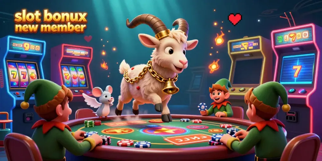 Experience the thrill with slot bonus new member while a Krampus goat manages a festive gaming casino scene.