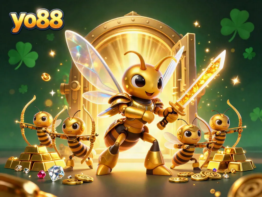 Join the action at yo88 with a golden hornet samurai battling for treasure in a vibrant casino-themed scene.