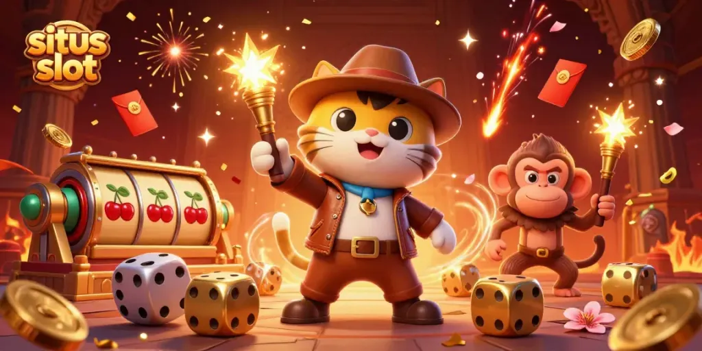 Spin to win with situs slot, a cartoon explorer cat and monkey uncovering a golden artifact in a vibrant casino scene.