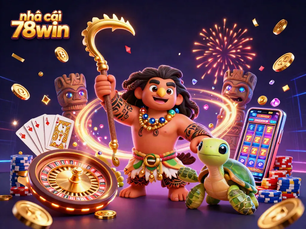 Win big at nhà cái 78win with an exciting casino scene featuring a demigod and treasures!