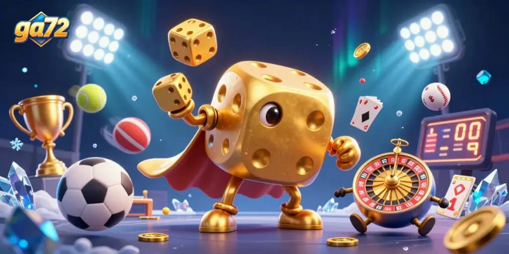 Experience thrilling cockfighting bets at ga72 with golden dice golem and dynamic background.