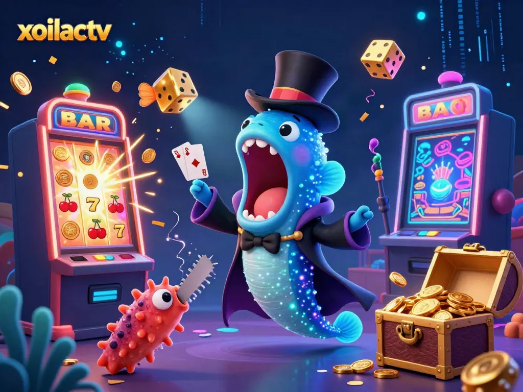 Xoilactv brings excitement with a 3D illustration of deep-sea creatures performing magical tricks and casino elements.