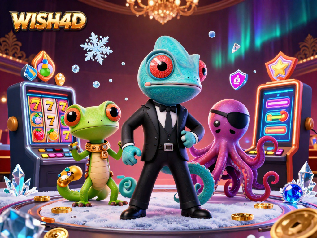 Engage with WISH4D's vibrant casino adventure featuring a dynamic chameleon and gaming elements.