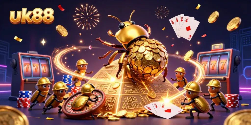 Experience exciting wins at uk88 with a vibrant scene of golden beetles rolling coins in a captivating casino setting.