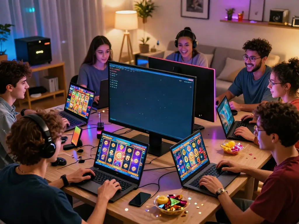 Group enjoying online slot games with vibrant graphics and festive atmosphere.
