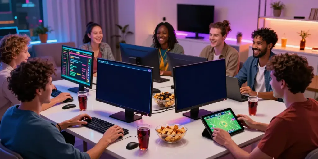 Friends enjoying online gaming at home, showcasing https://five888vin.com/ atmosphere with active sports betting and casino games.
