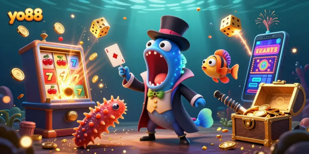 Experience the excitement of yo88 with vibrant casino characters performing magical tricks and jackpots.