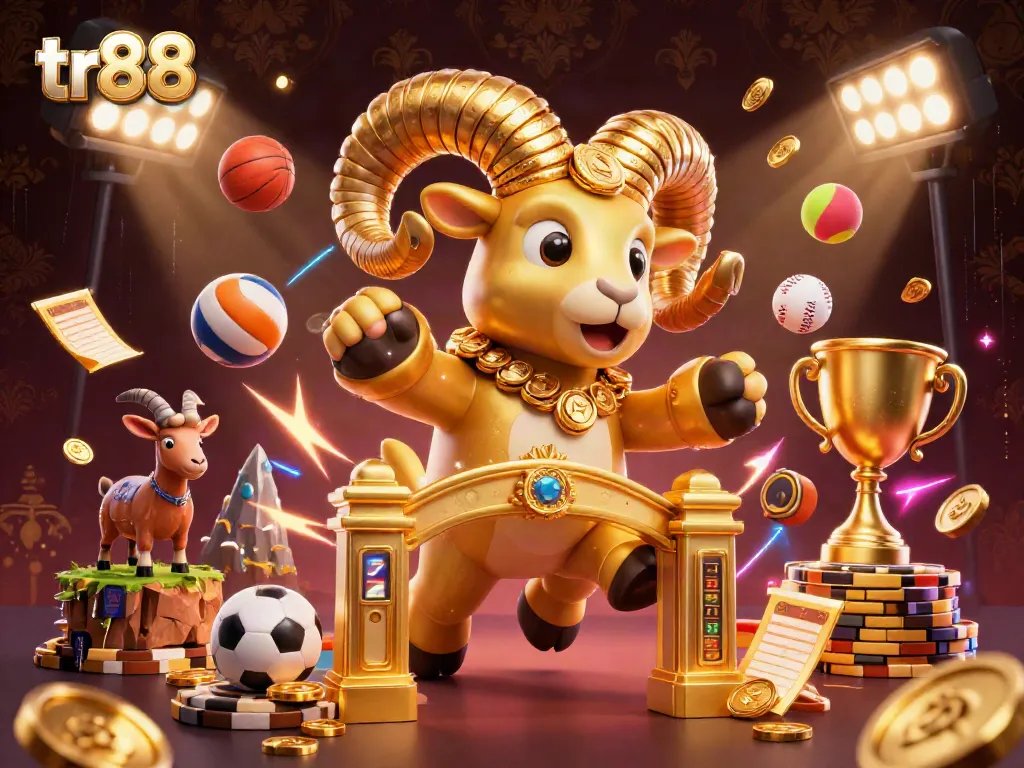 tr88 sports betting scene with a massive golden ram charging through golden gates surrounded by sports elements
