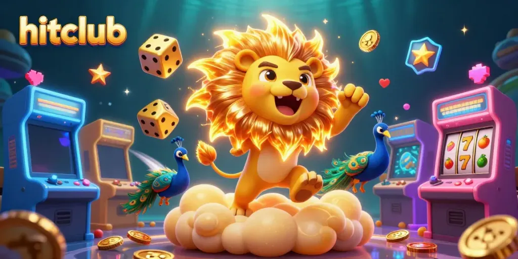 Hitclub showcases a colorful casino scene with a roaring lion, golden dice, and exciting slot reels.