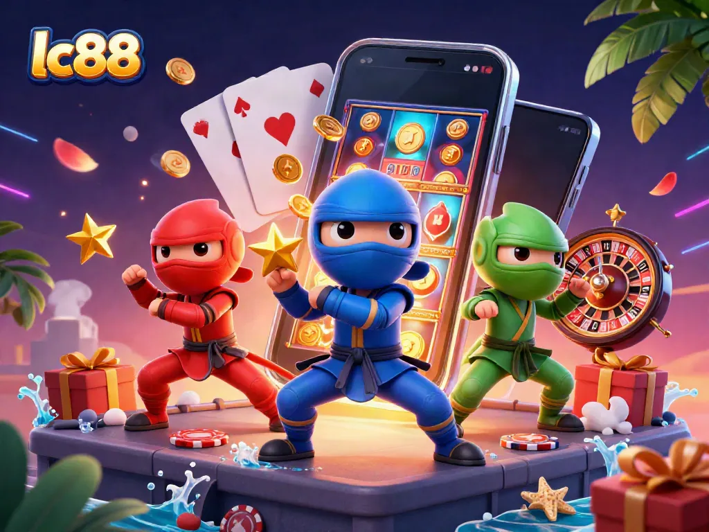 Engage with lc88’s vibrant slot game scene filled with 3D animated characters and casino elements.