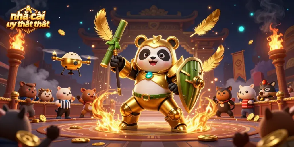 Experience the thrill with nhà cái uy tín nhất as a golden panda battles in an electrifying casino arena.