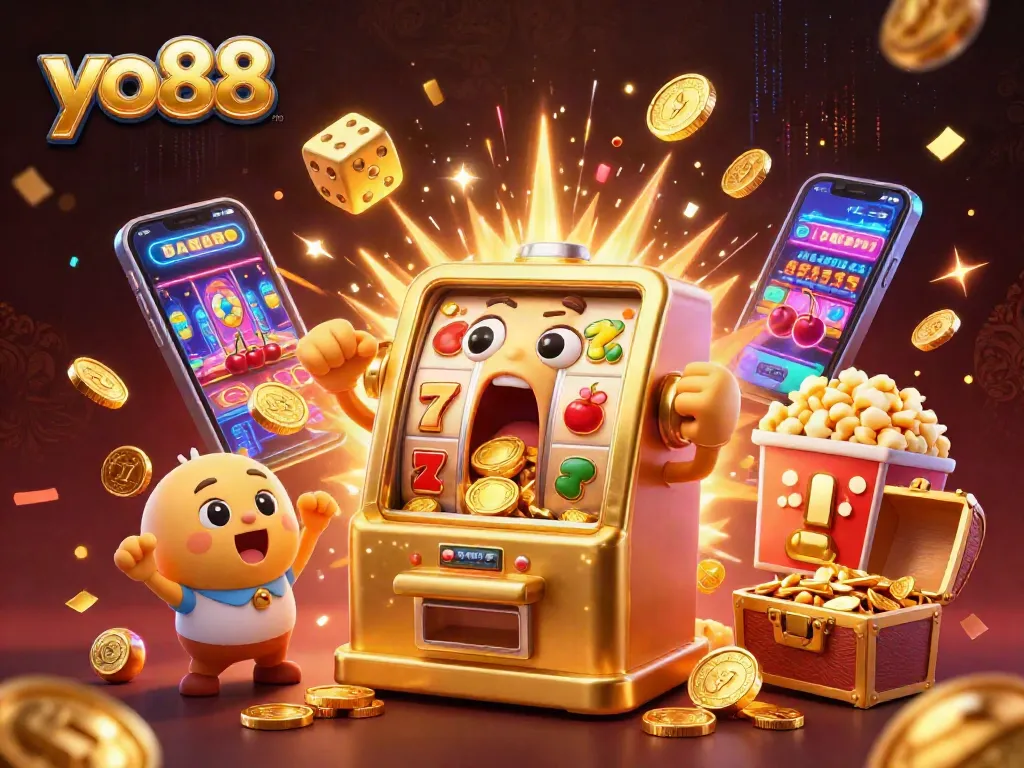 Experience excitement with YO88 as the animated slot machine hits a jackpot, coins pouring out.