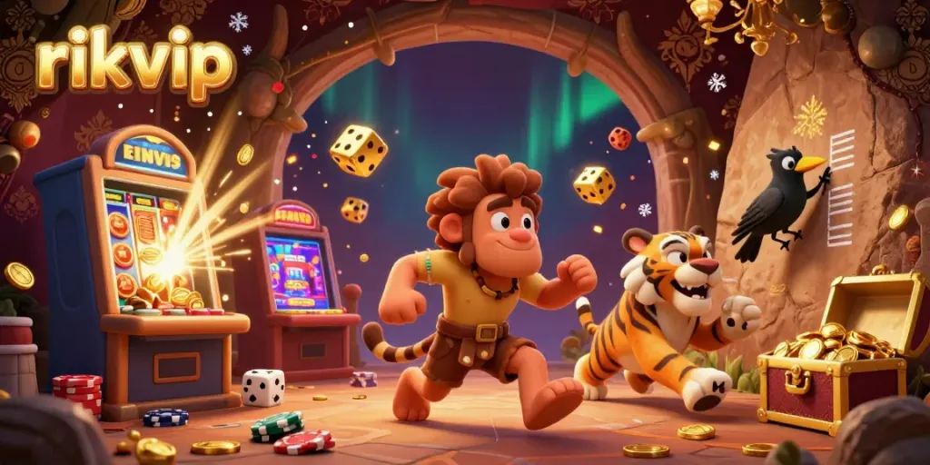 Experience a lively casino scene at rikvip with a caveman duo, a saber-tooth tiger, and a crow, surrounded by slot machines and gold treasures.